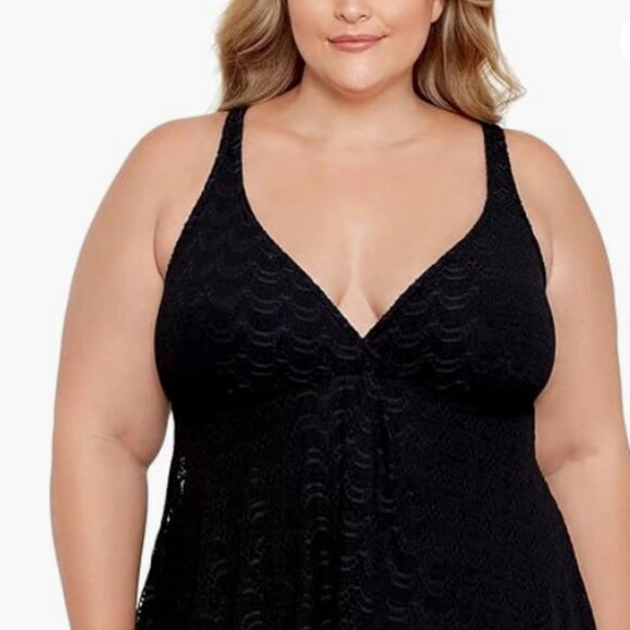 Swim Solutions Plus Size Lace Swimdress, Tummy Control, Black, 18W 8183 - Picture 1 of 3